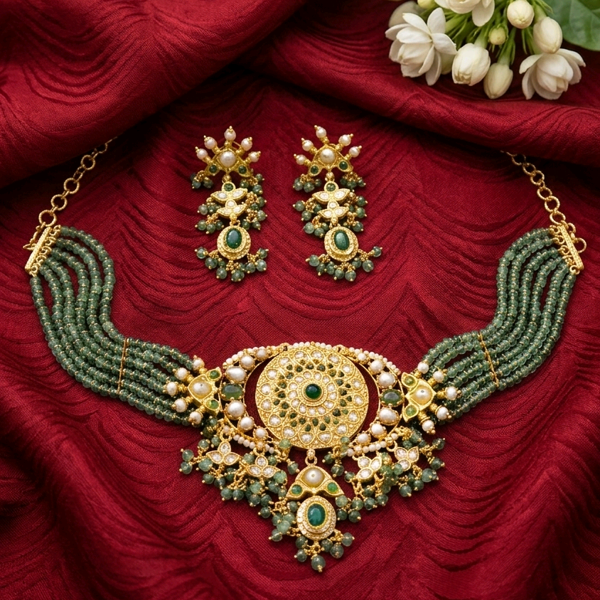 MaYuRa Kundan And Green Beaded Choker Set 